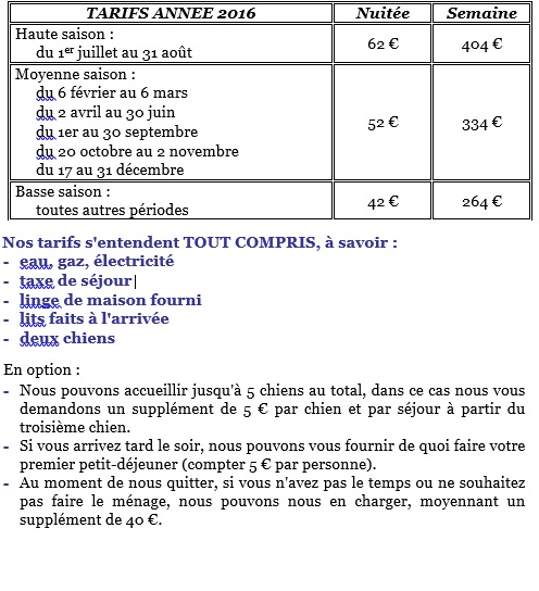 Tarifs 2016